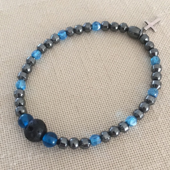 Hand Crafted Hematite Stretch Bracelet Lava Stone Blue Vintage Glass Beads - Picture 3 of 4
